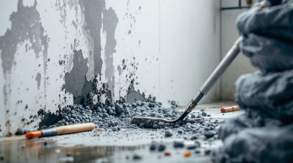IICRC-certified mold remediation technician in full PPE inspecting a basement wall for black mold in a Dickinson home, with specialized equipment visible, conveying diligence and safety.